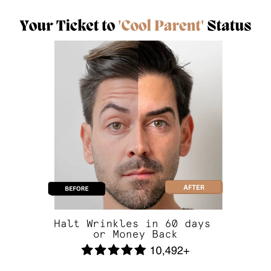Static ad: a split before-and-after portrait under a headline about looking younger,
                  with a sixty-day money-back guarantee and a star rating.