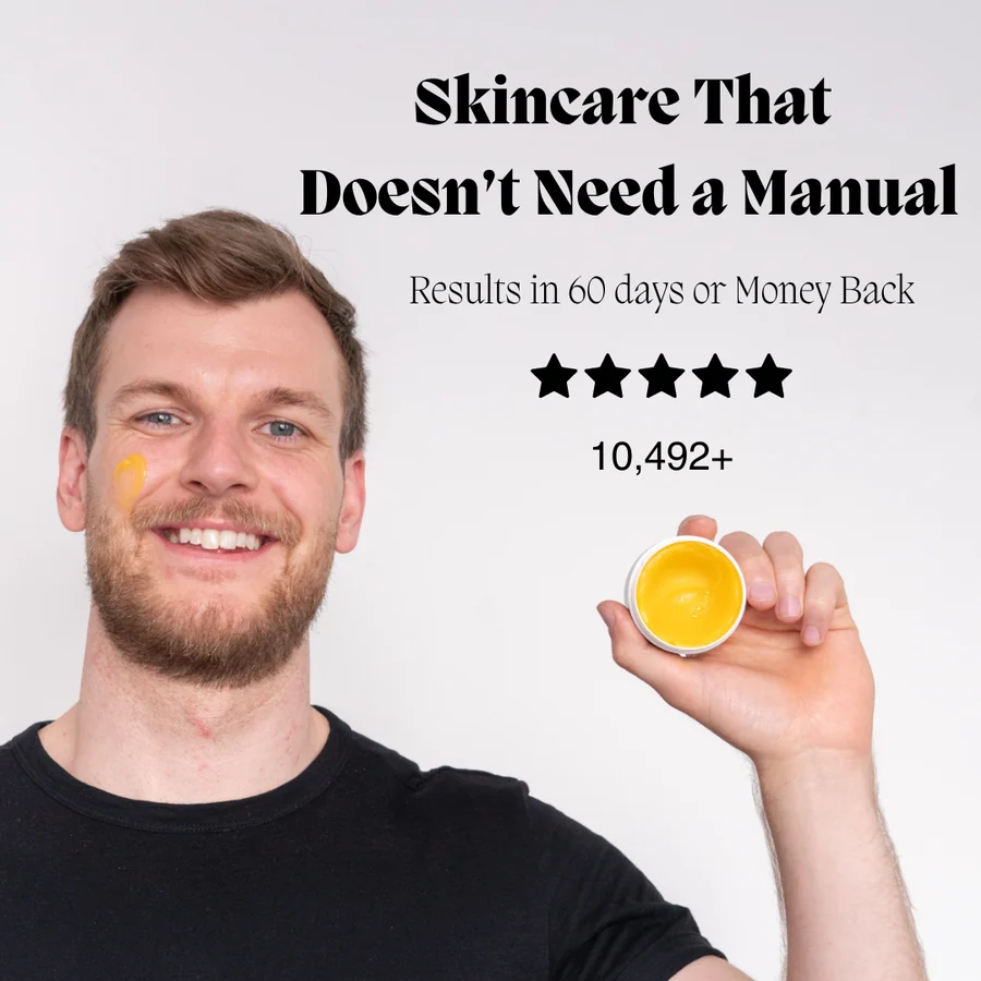 Square ad: 'Skincare That Doesn't Need a Manual', with a money-back guarantee and review count