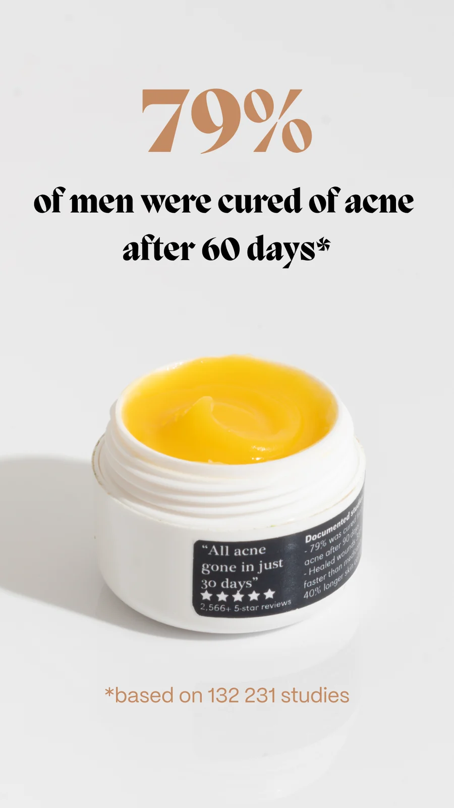 Story ad annotating product photography with three reported customer outcomes