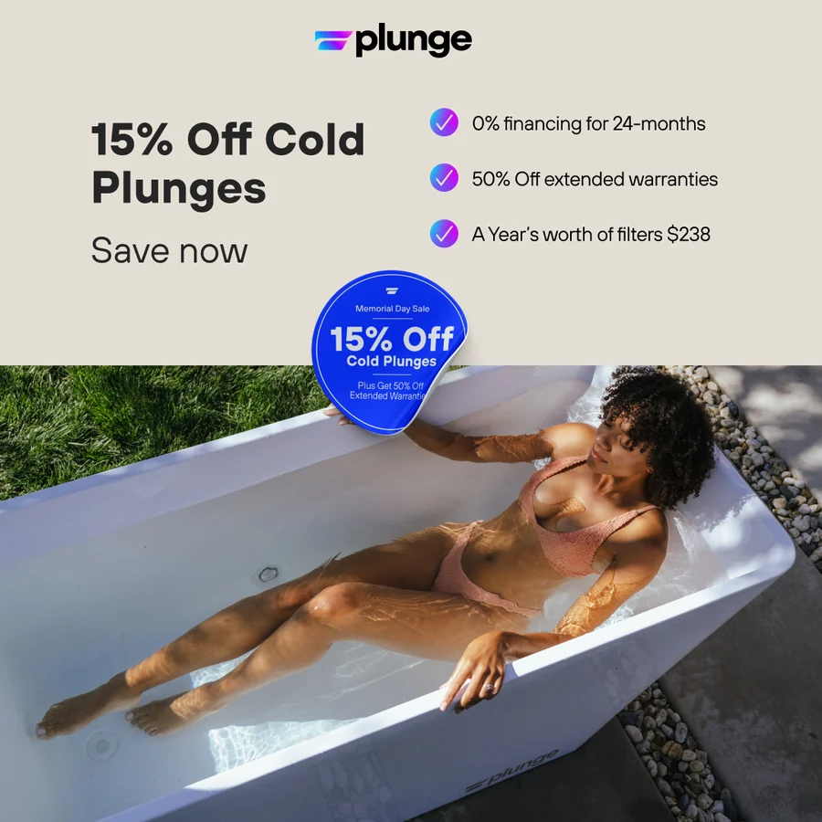 15% off Cold Plunges ad, overhead shot with offer badge
