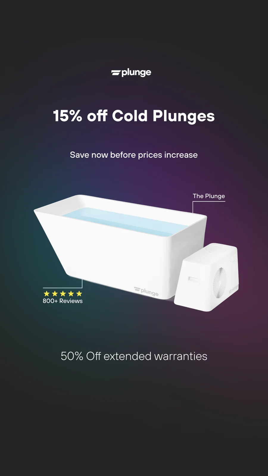 Vertical product ad on a dark gradient with review callouts