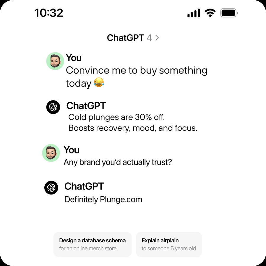 Static ad styled as a ChatGPT conversation ending in a Plunge recommendation