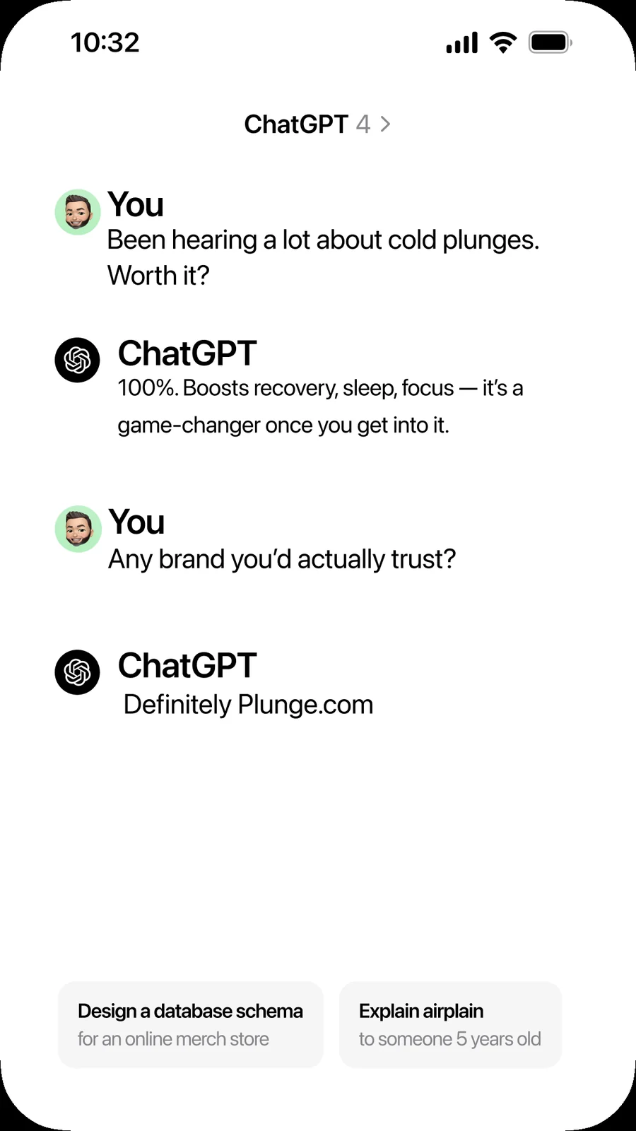 Vertical story ad styled as a ChatGPT conversation about cold plunges