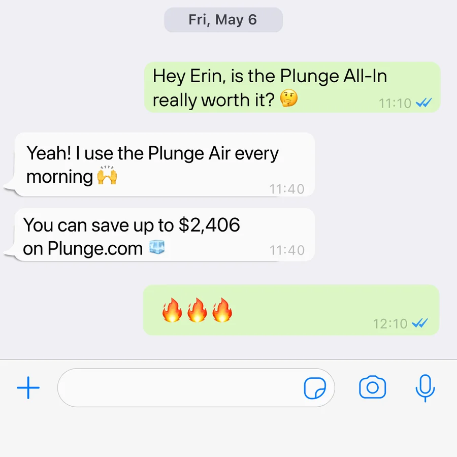 Static ad styled as an iMessage exchange between friends about the Plunge All-In