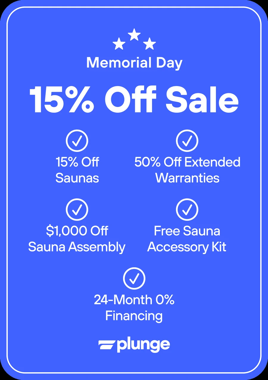 Memorial Day 15% off offer card with five stacked benefits