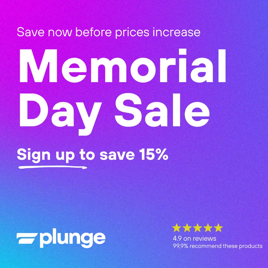 Memorial Day sale ad on a magenta-to-cyan gradient with review score