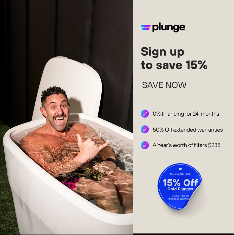Split-layout ad: man in a cold plunge beside a sign-up offer and benefit list