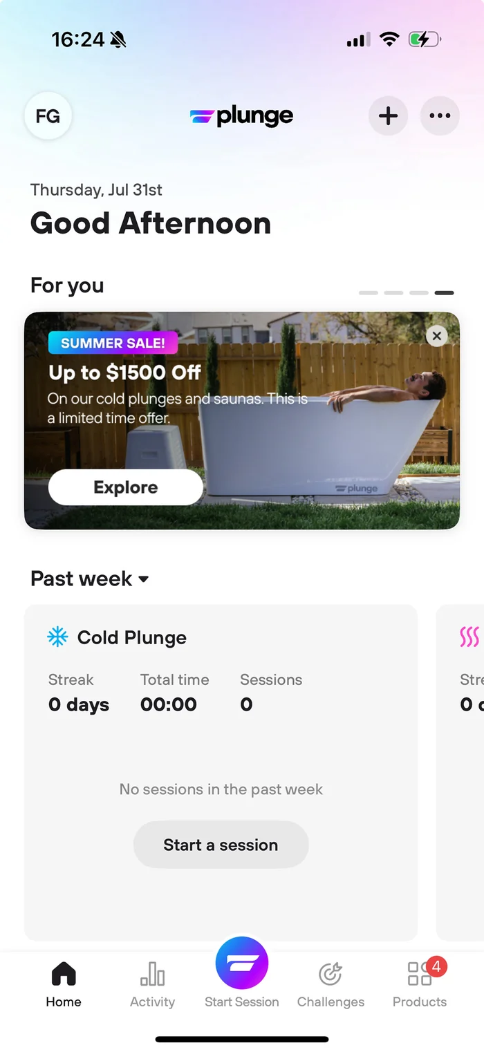 Plunge mobile app home screen with promotional card and weekly session tracking