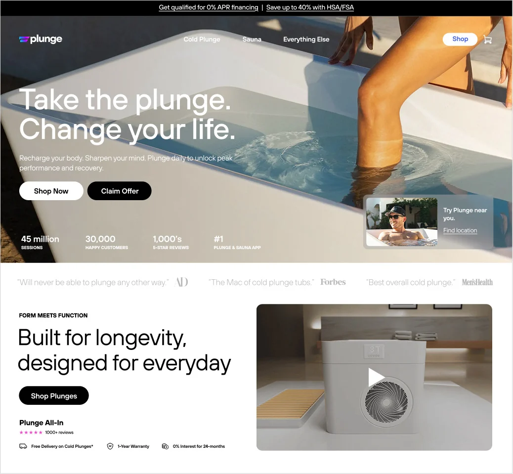 Plunge.com desktop homepage: sale hero, press quotes and a social-proof stat row