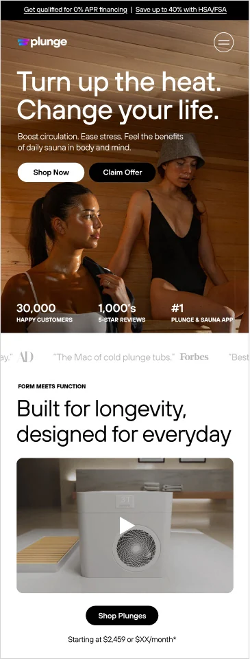 Plunge.com mobile homepage with sauna hero and stat row